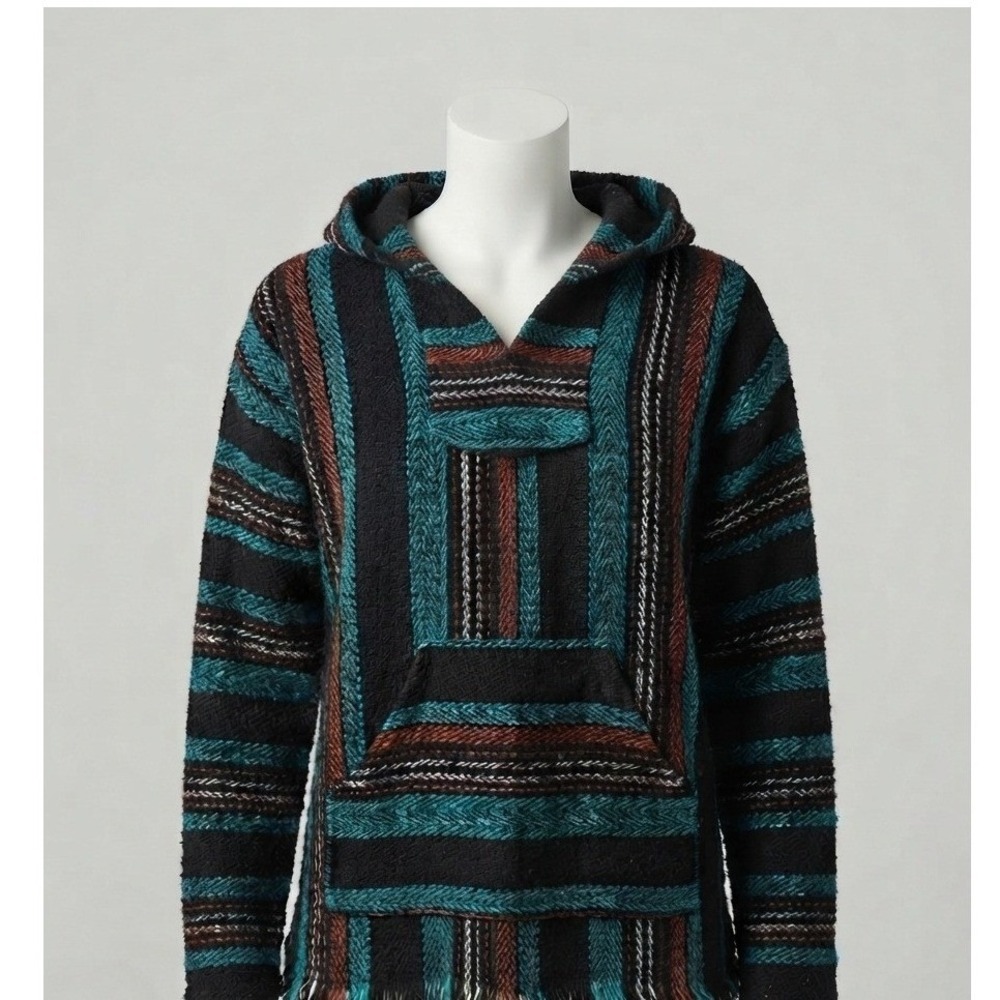 No Bad Days Baja Hoodie Unisex Large Black Teal Striped Mexican Poncho Pullover